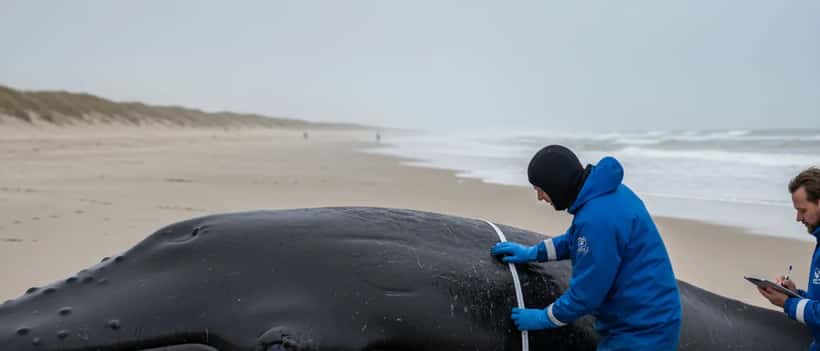 Marien bioloog onderzoekt gestrande walvis op Baltisch zeestrand in Duitsland