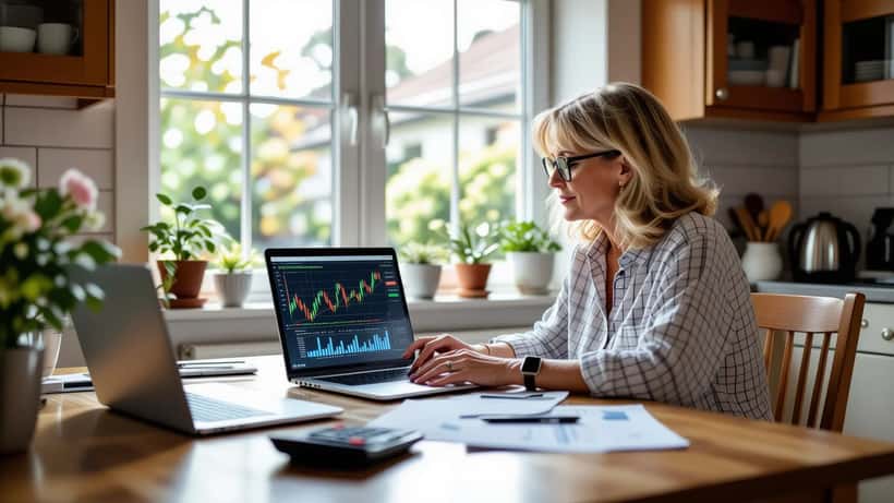 Woman at a kitchen table reviewing investment statements and an S&P 500 chart