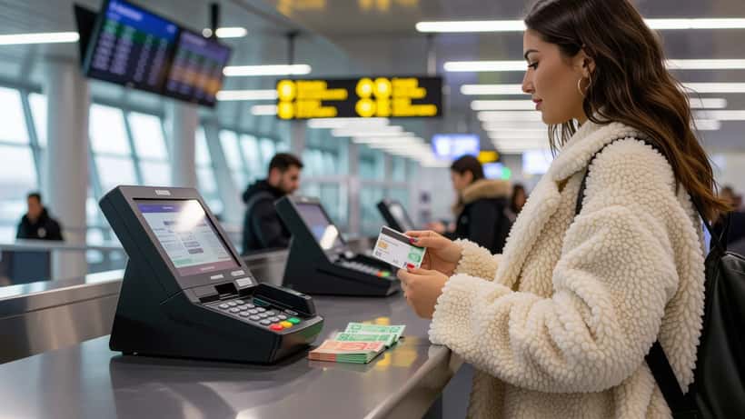 Canadian traveller with a credit card, euros and Canadian dollars at a Dublin airport payment terminal
