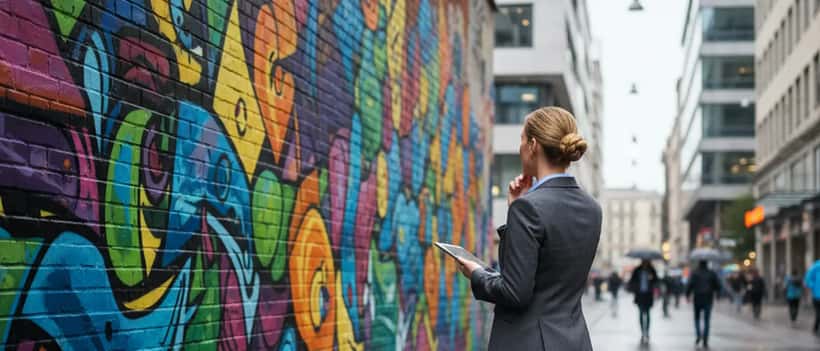 Suomalainen nainen ammattiasussa tutkii suurta värikästä graffitimuraalia tiiliseinällä kaupunkiympäristössä