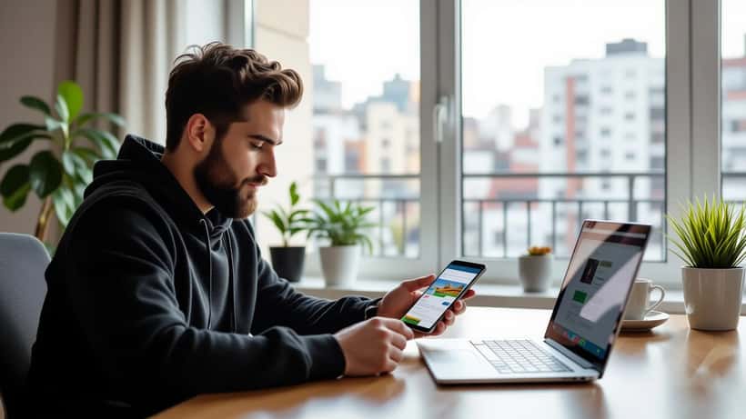 Apostador brasileiro analisando app de apostas esportivas com documentos legais sobre a mesa em São Paulo