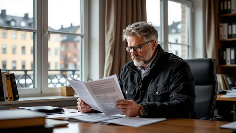 Advokat granskar brottsbalken och handlingar på ett kontor i Stockholm