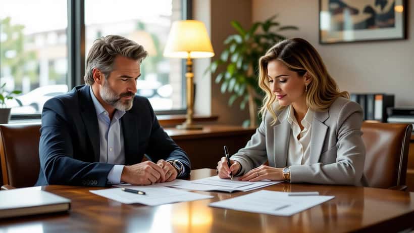 Couple reviewing cohabitation agreement documents with a family law attorney