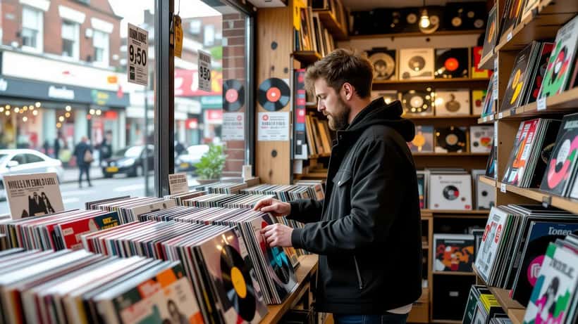 Man examining limited edition coloured vinyl pressing in London independent record shop