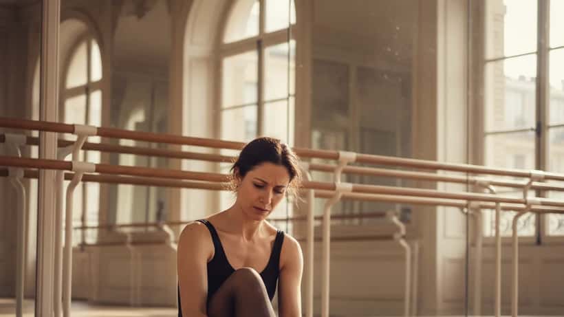 Danseuse professionnelle tenant sa cheville blessée dans un studio de danse parisien