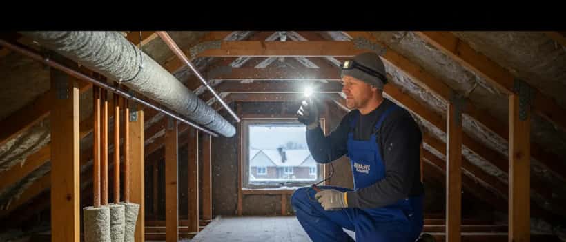 UK plumber inspecting pipe insulation in residential loft during winter cold snap