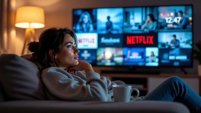 Person watching Netflix late at night, face lit by TV screen showing episode thumbnails, visible exhaustion