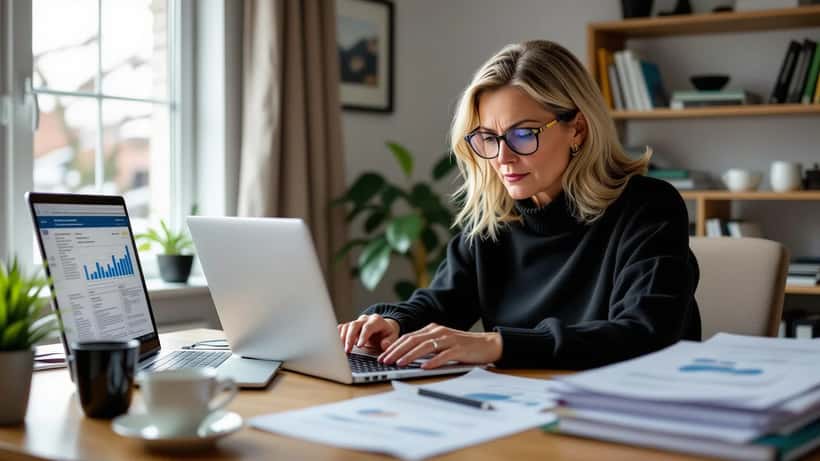 Femme canadienne inquiète devant son ordinateur portable avec une alerte de compte gouvernemental