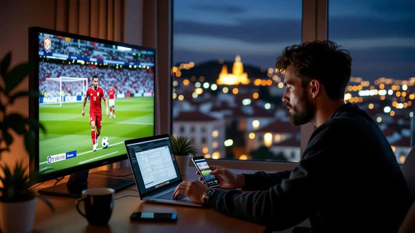 Adepto português a acompanhar jogo da Copa Libertadores com app de apostas em Lisboa