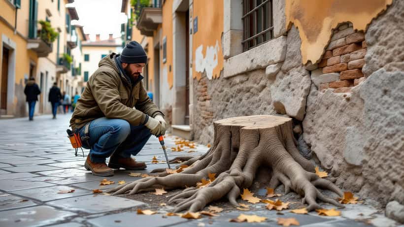Tecnico strutturale esamina una fessura nelle fondamenta di un edificio romano con ceppo d'albero tagliato in primo piano
