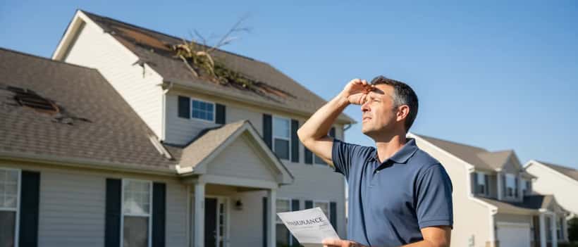 Homeowner holding insurance form in front of damaged house roof after meteorite impact