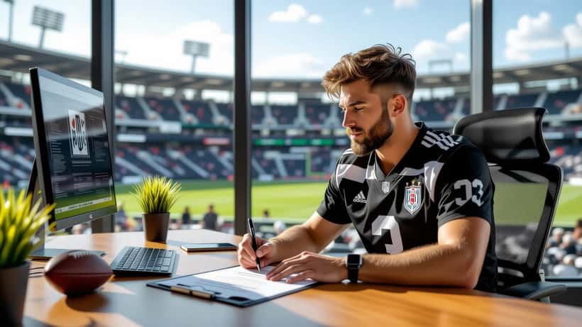 Jogador de futebol assinando contrato no escritório com vista para estádio