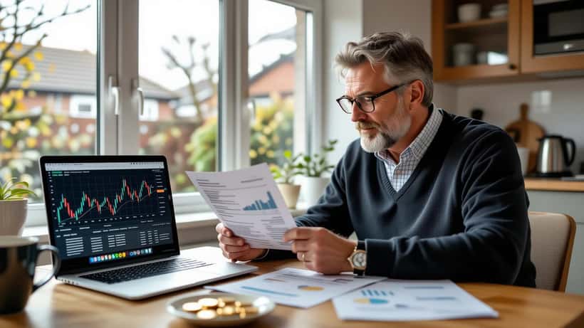 British investor reviewing an ISA statement and a rising stock chart on a laptop at a kitchen table