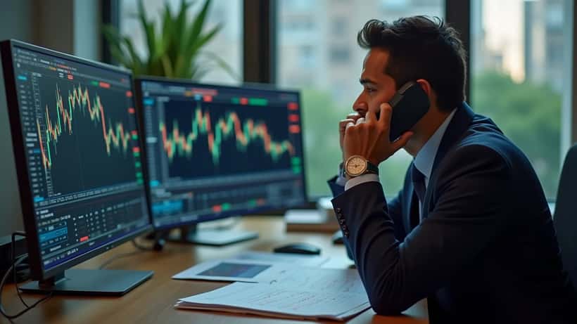 Asesor financiero revisando gráficos del S&P 500 en pantalla de computadora en oficina de Nueva York