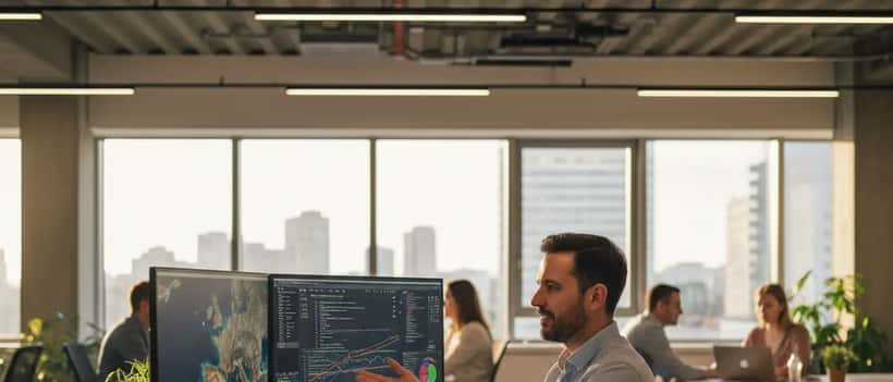 Professionista IT italiano al computer con dati satellitari su schermo in ufficio moderno