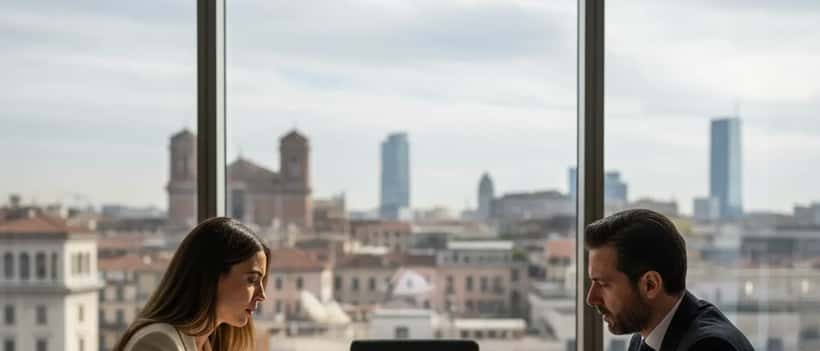 Avvocato italiano che esamina un contratto di lavoro nel settore televisivo con un cliente in un ufficio moderno