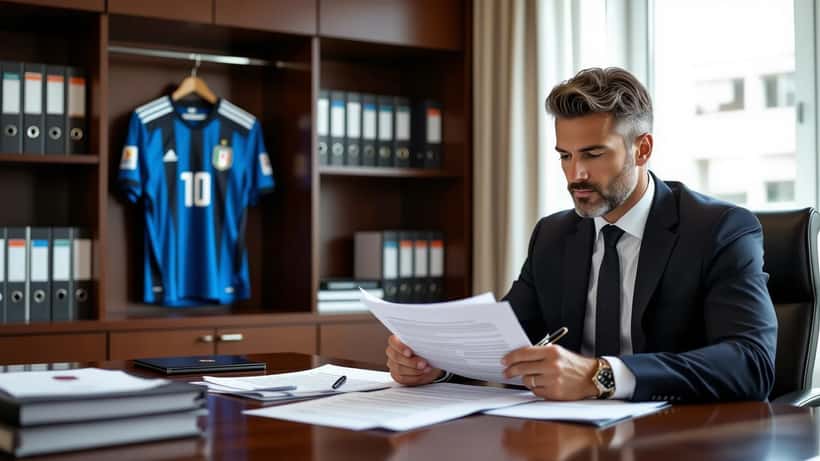 Avvocato sportivo che esamina contratti di trasferimento calcistico in un ufficio milanese