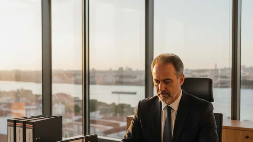 Advogado português a rever documentação de regulamentação de drones em escritório de Lisboa com vista para o Tejo