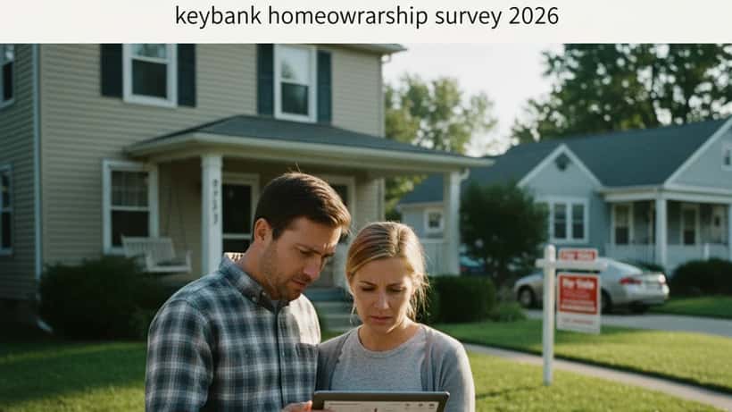 American couple looking at real estate listing on tablet in front of a suburban home with For Sale sign