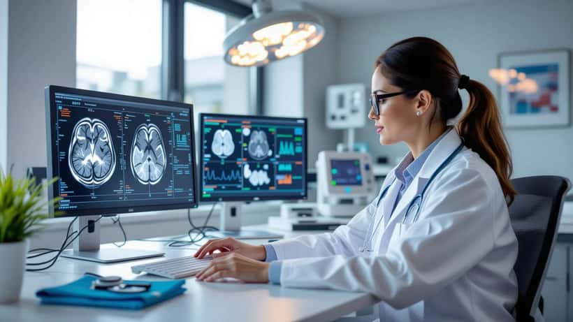 Neurologue montrant une imagerie cérébrale à un patient dans une salle de consultation d'hôpital