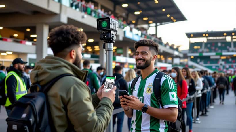 Football fan facing a facial-recognition camera at a stadium turnstile while showing a Fan ID QR code on a phone