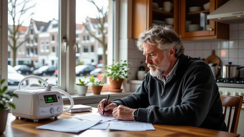 Man bekijkt juridische documenten naast een Philips CPAP-apparaat in Amsterdam