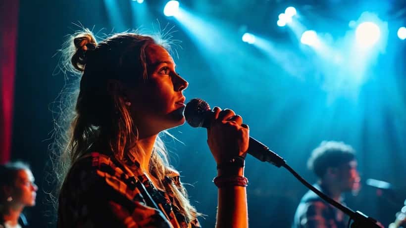 Nainen seisoo jännittyneenä backstagella tv-studion lavalavan edustalla