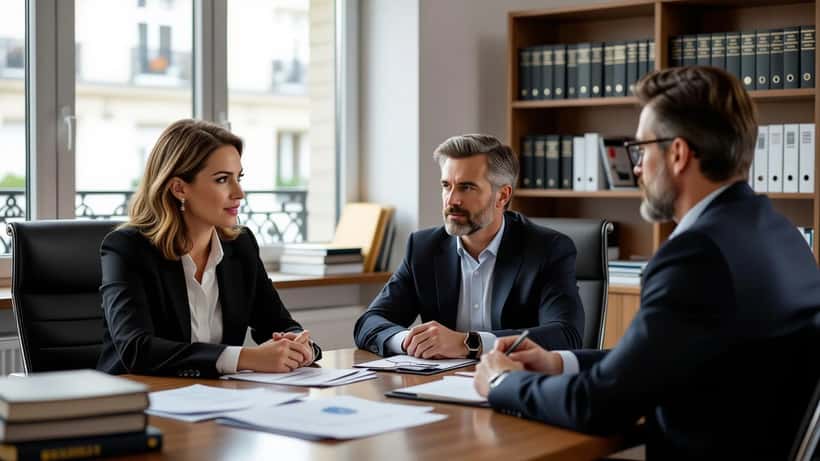 Avocat et victime en consultation juridique dans un cabinet parisien, dossiers sur le bureau