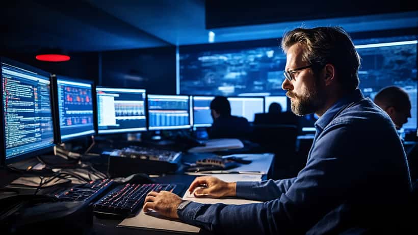IT-beveiligingsanalist bekijkt phishing-alerts op beveiligingsmonitors in een Nederlands kantoor