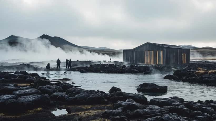 Gestir í gufandi jarðlaugum við Mývatn á Íslandi, umkringdir ljósum lavasteinum og þoku