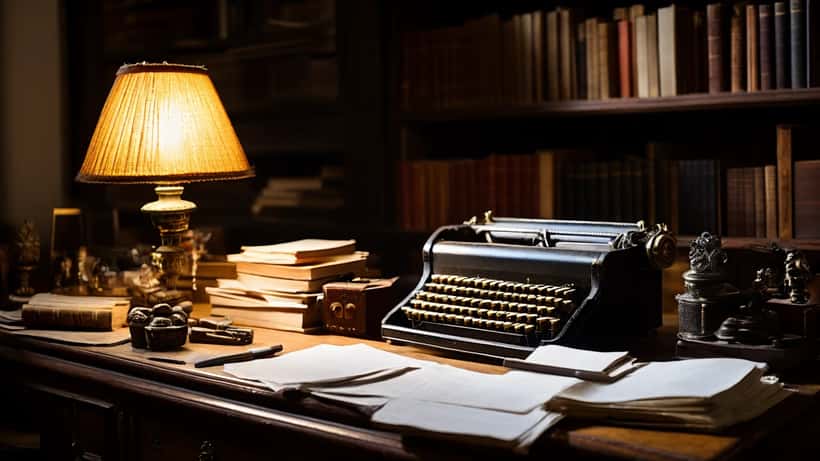 Conseiller en gestion de patrimoine examinant des documents de droits d'auteur dans un cabinet parisien