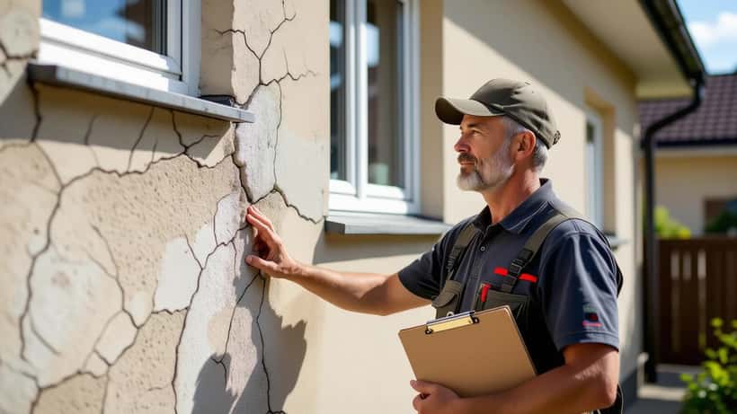Hausbesitzer begutachtet Risse in der Außenwand durch Bodensetzung infolge der Dürre 2026