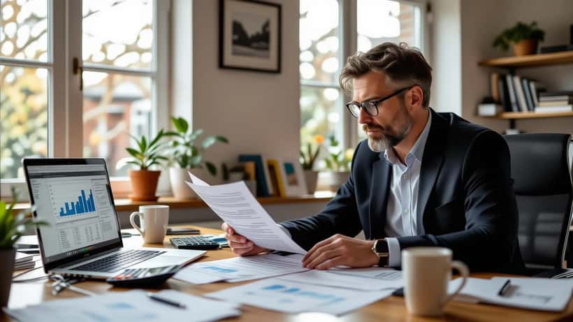 Man reviewing freelance contract documents and financial spreadsheet at home office desk in London