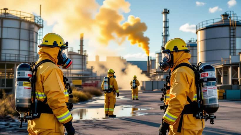 CBRN-brandweerlieden in gele hazmat-pakken bij salpeterzuurlek in industriebedrijf Noord-Brabant