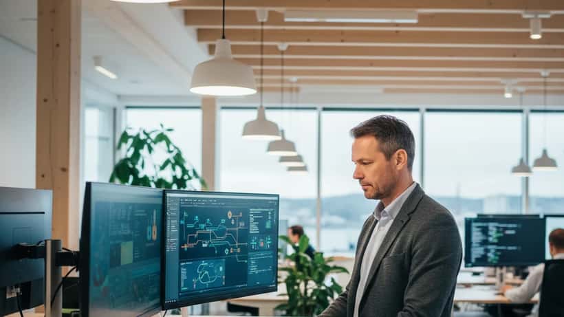 Norsk IT-sikkerhetsekspert arbeider med cybersikkerhetsovervåking i moderne Oslo-kontor