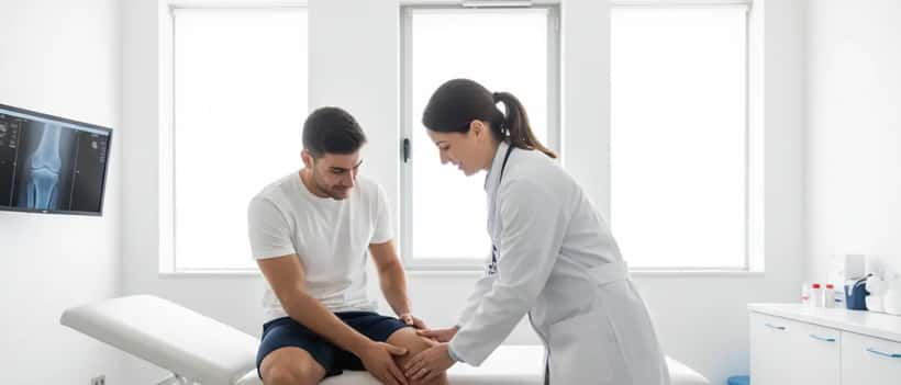 Médico desportivo a examinar o joelho de um jogador de futebol numa clínica