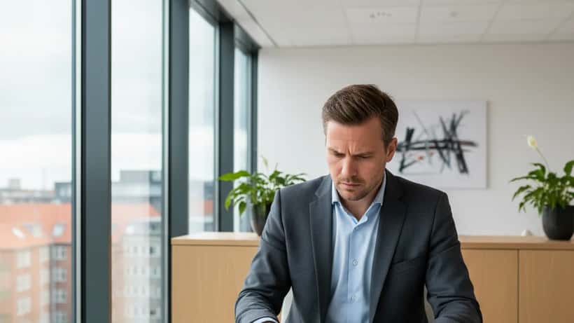 Dansk forretningsmand gennemgår konkursrelaterede dokumenter i Københavns kontor