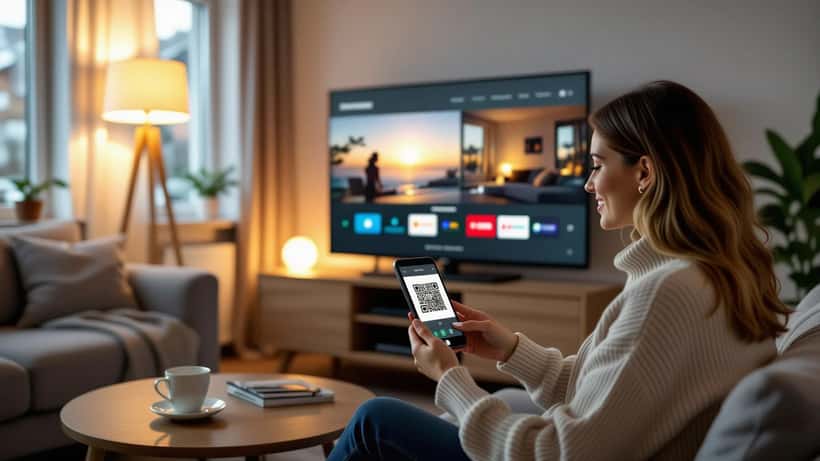Kvinne logger inn på NRK TV med QR-kode fra mobilen foran en smart-TV