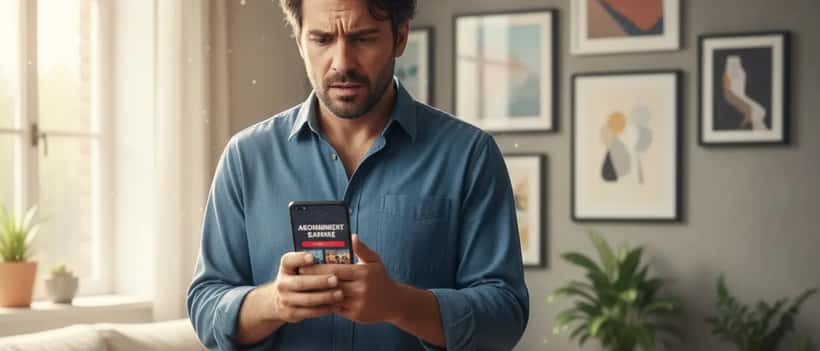 Homme frustré regardant son abonnement DAZN sur smartphone