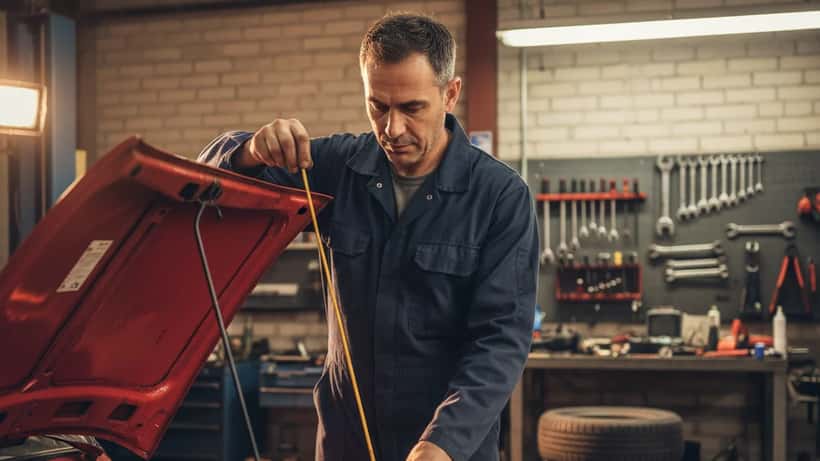 Meccanico italiano controlla il livello dell'olio sotto il cofano di una berlina in un'officina di Milano