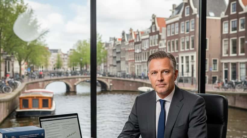 Nederlandse strafrechtadvocaat op zijn kantoor in Amsterdam met juridische documenten