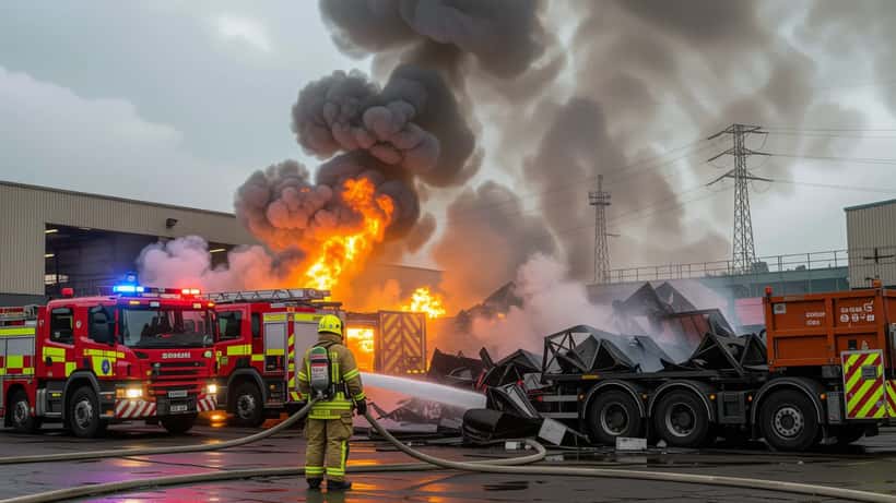 Scottish Fire and Rescue Service firefighters tackling South Street scrapyard fire Govan Glasgow