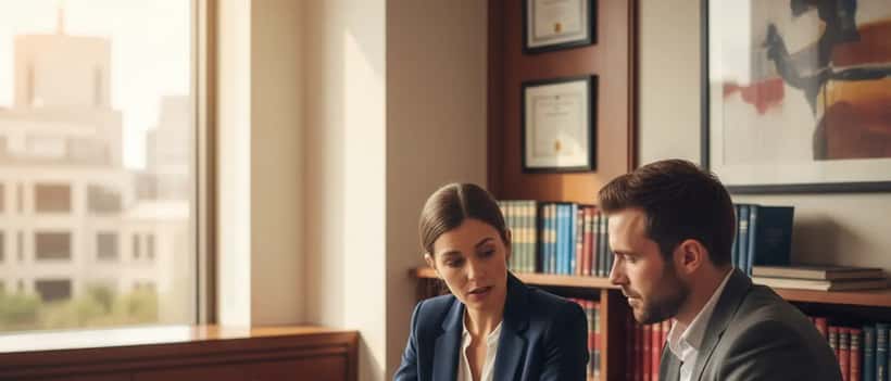 Criminal defence solicitor in consultation with client reviewing legal documents at a professional law office