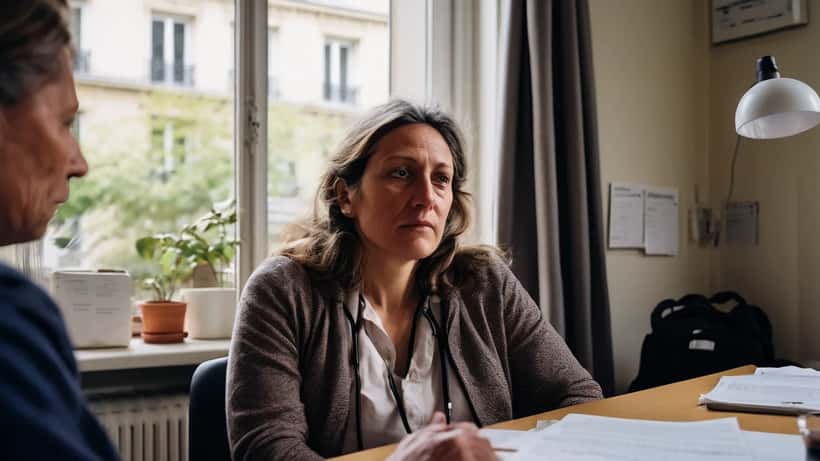 Patiente fatiguée en consultation médicale pour covid long avec son médecin généraliste, dossier médical sur le bureau