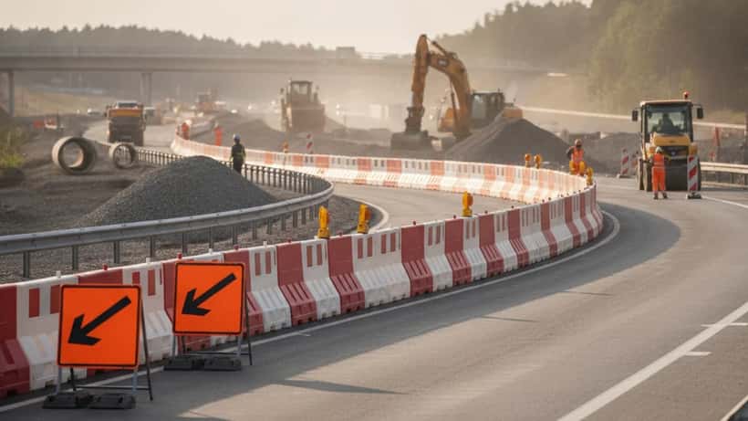 Orange omledningsskyltar och vägbarriärer längs E22 i Östergötland under vägarbete 2026