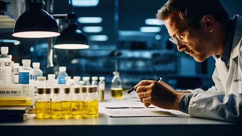 AI-generert bilde av antidoping-inspektør som undersøker prøver på et laboratoribord med gummigranulater og dopinganalyseutstyr