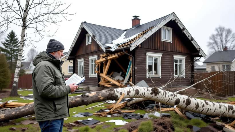 Suomalainen omakotiasukas tarkastaa myrskyn kaatamaa puuta talon katolla vakuutuspaperit kädessä