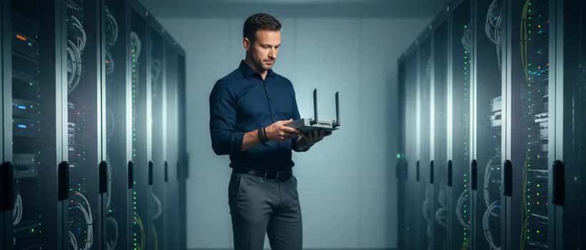 Deutscher IT-Fachmann untersucht einen Netzwerk-Router im Serverraum