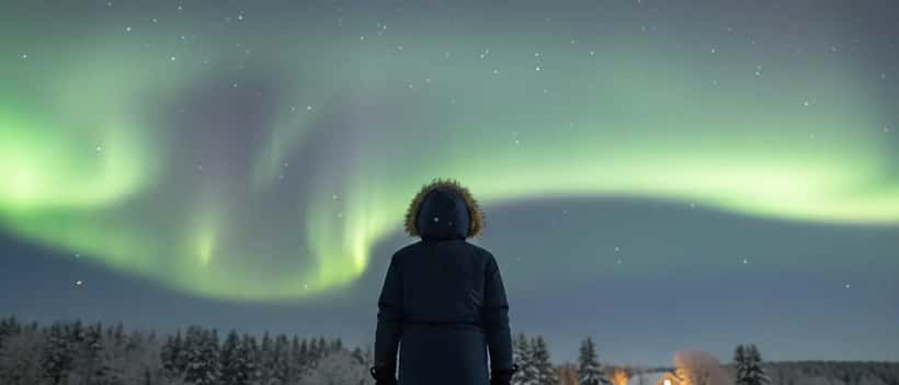 Person watching northern lights aurora borealis in a snowy US field at night
