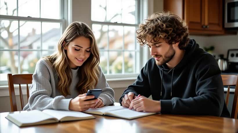 Math tutor and teenage student at a kitchen table reviewing a weather app rain percentage next to a notebook of probability calculations